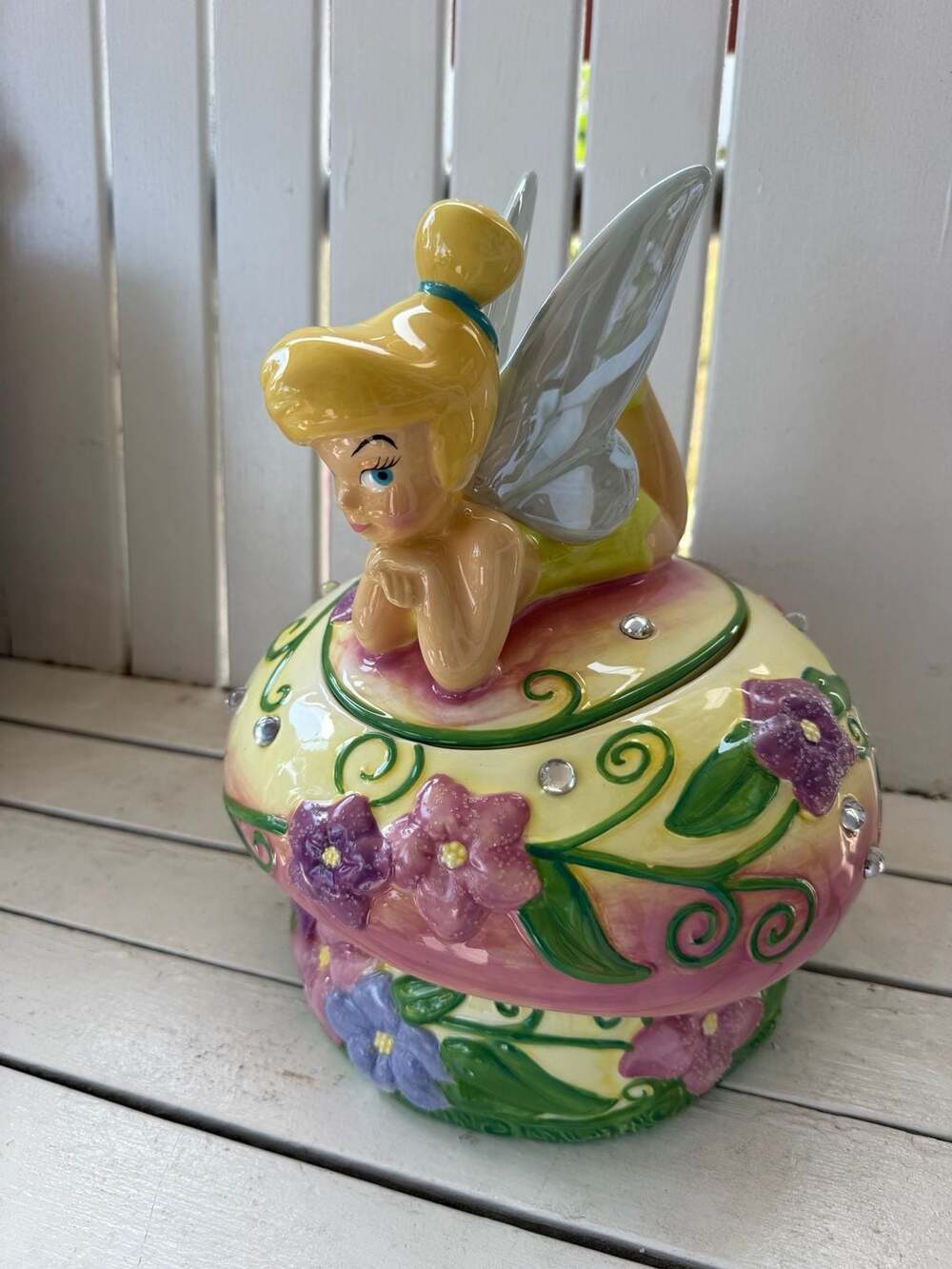 Vintage Disney Tinker Bell Floral Jeweled Mushroom Ceramic Cookie Jar - Picture 4 of 4